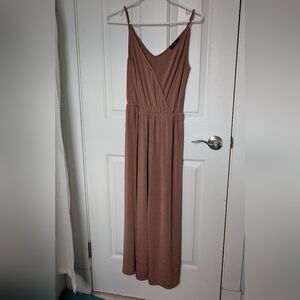 Dynamite | Tan Maxi Romper Size Small | Wide Leg V-Neck Jumpsuit